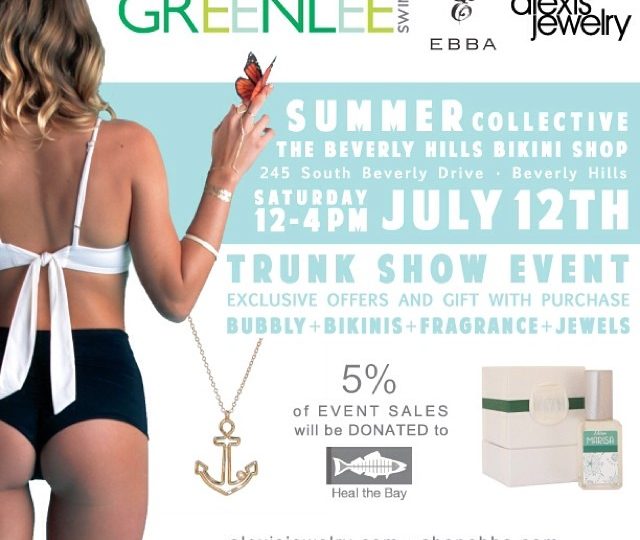 Mark your calendars!  We are teaming up with @greenleeswim and @missmarisabyebba for a summer trunk show July 12th from 12-4pm at @thebeverlyhillsbikinishop.  5% of all proceeds will go to @healthebay  #alexisjewelry #greenleeswim #ebba #healthebay